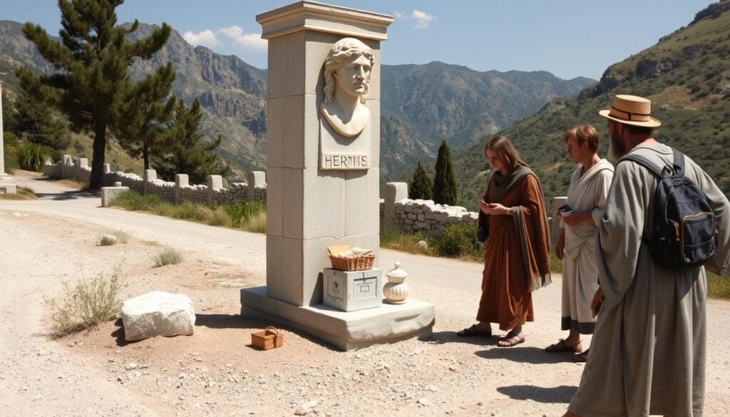 Ancient Greek travelers making offerings at a roadside herma shrine to Hermes