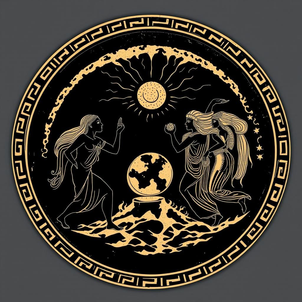 Ancient Greek vase painting depicting Chaos as a dark void with emerging divine figures