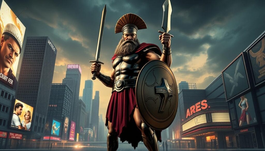 Ares, the Greek god of war, stands tall and commanding in a modern urban setting. The foreground features the god in his iconic battle armor, wielding a gleaming sword and shield, his expression resolute. The middle ground showcases a bustling cityscape with towering skyscrapers, neon-lit billboards, and the faint glow of a nearby movie theater marquee, hinting at Ares' presence in popular culture. The background is a moody, cinematic sky, with dramatic lighting casting dramatic shadows across the scene, evoking a sense of power and intensity. The overall composition reflects the enduring influence of the Greek pantheon in contemporary entertainment, with Ares as a central, awe-inspiring figure.
