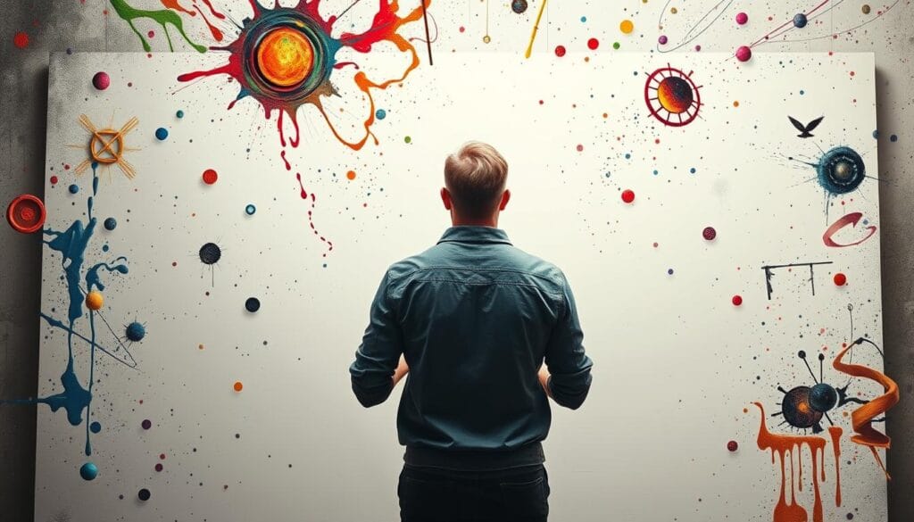 Artist facing blank canvas with chaotic creative elements surrounding them