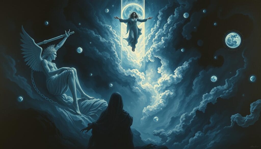 Artistic depiction of Nyx's realm showing the transition between sleep, dreams, and death