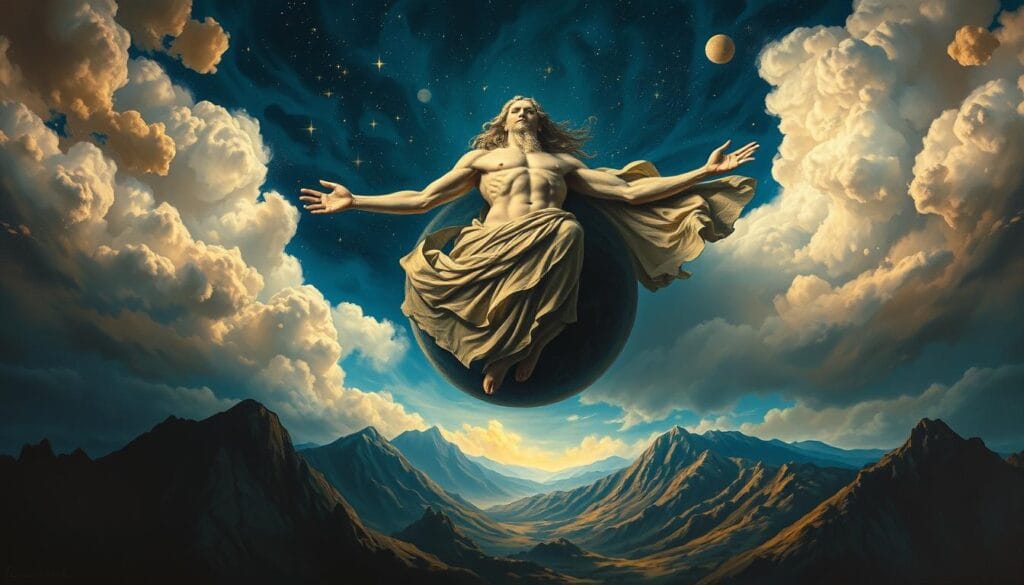 Artistic depiction of Uranus as the sky god hovering over Gaia (Earth) in Greek mythology