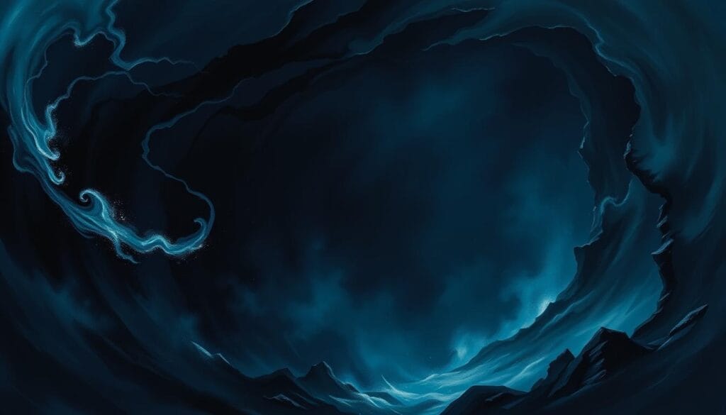 Artistic representation of Erebus and Tartarus in Greek mythology showing the contrast between abstract darkness and the physical abyss