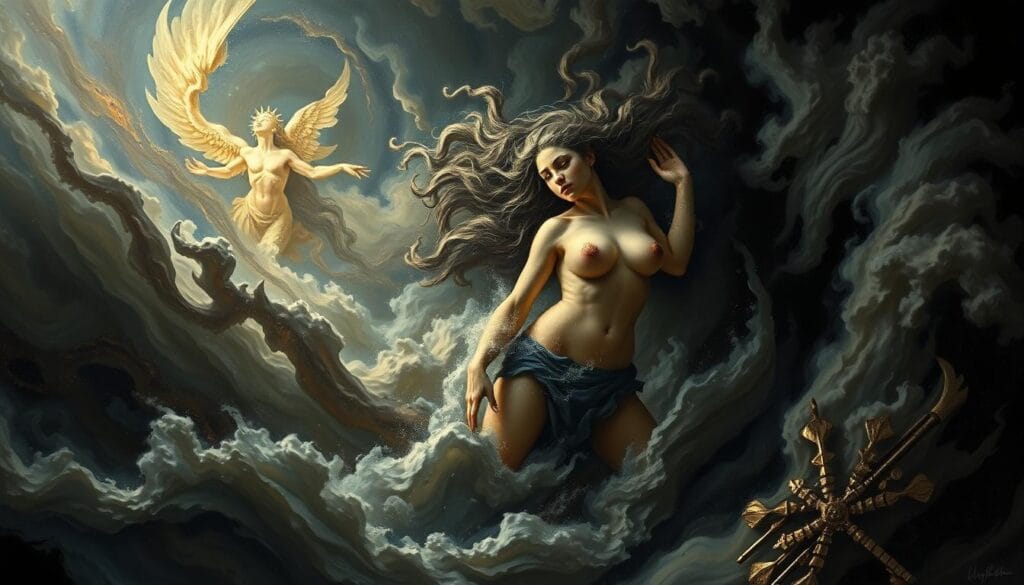 Artistic representation of Gaia emerging from primordial Chaos in Greek mythology