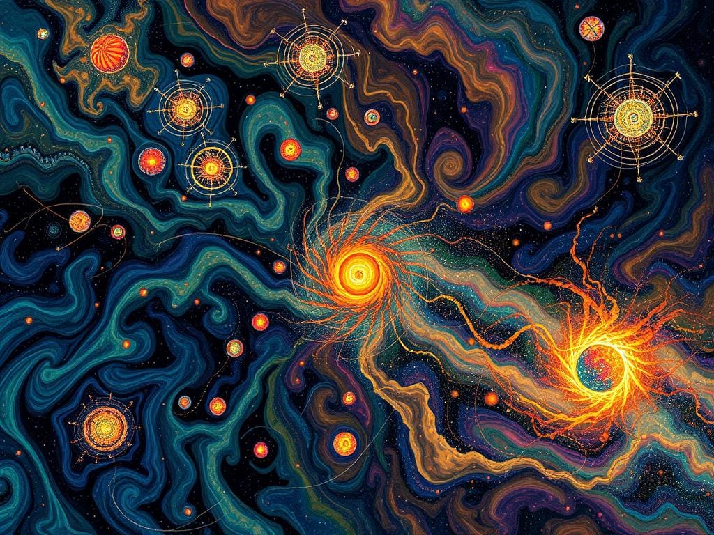 Artistic representation of chaos as creative force with emerging forms and patterns