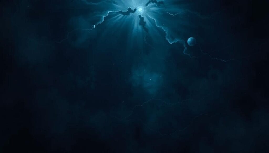 Artistic representation of primordial chaos as a swirling void of darkness with faint light emerging