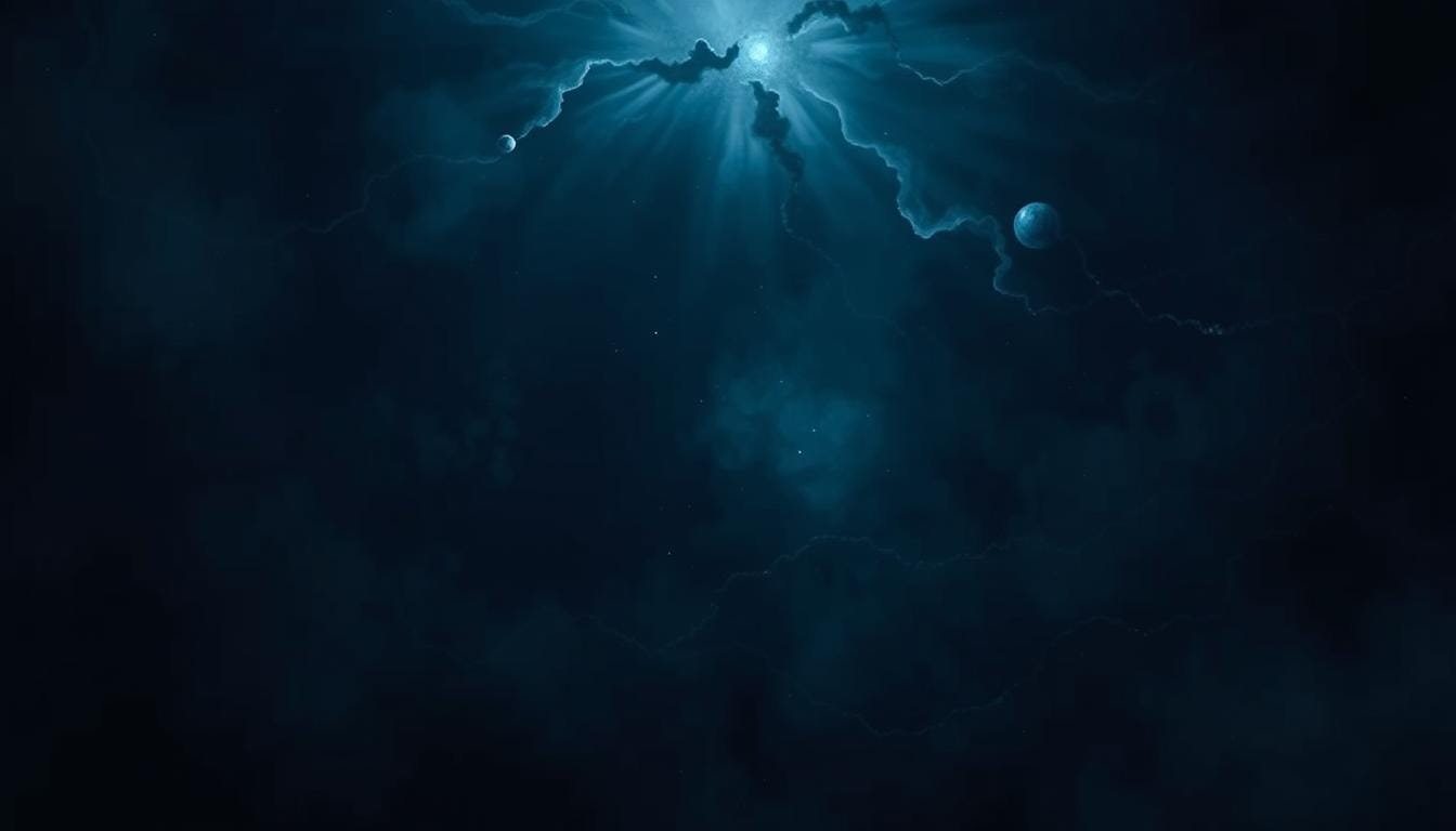 Artistic representation of primordial chaos as a swirling void of darkness with faint light emerging