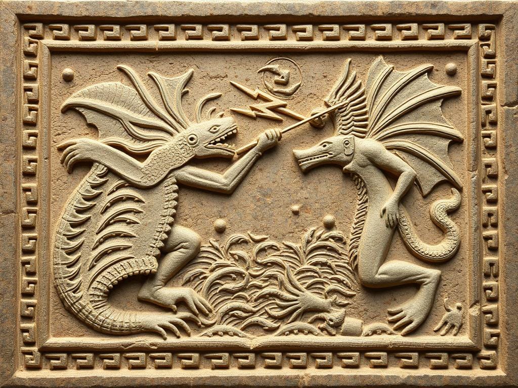 Babylonian relief depicting the battle between Marduk and Tiamat