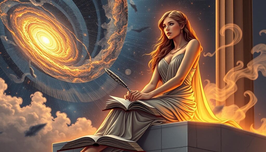 Calliope, the Muse of Epic Poetry, seated on a marble dais, her elegant form illuminated by warm, golden light. In the foreground, an open book and quill pen suggest the act of composition, while in the background, a tapestry of stars and a swirling galaxy evoke the boundless inspiration of the cosmos. Wispy, ethereal mists drift around her, creating an atmosphere of dreamlike reverie. Calliope's gaze is focused inward, her expression reflecting deep contemplation and the divine spark of poetic genius.