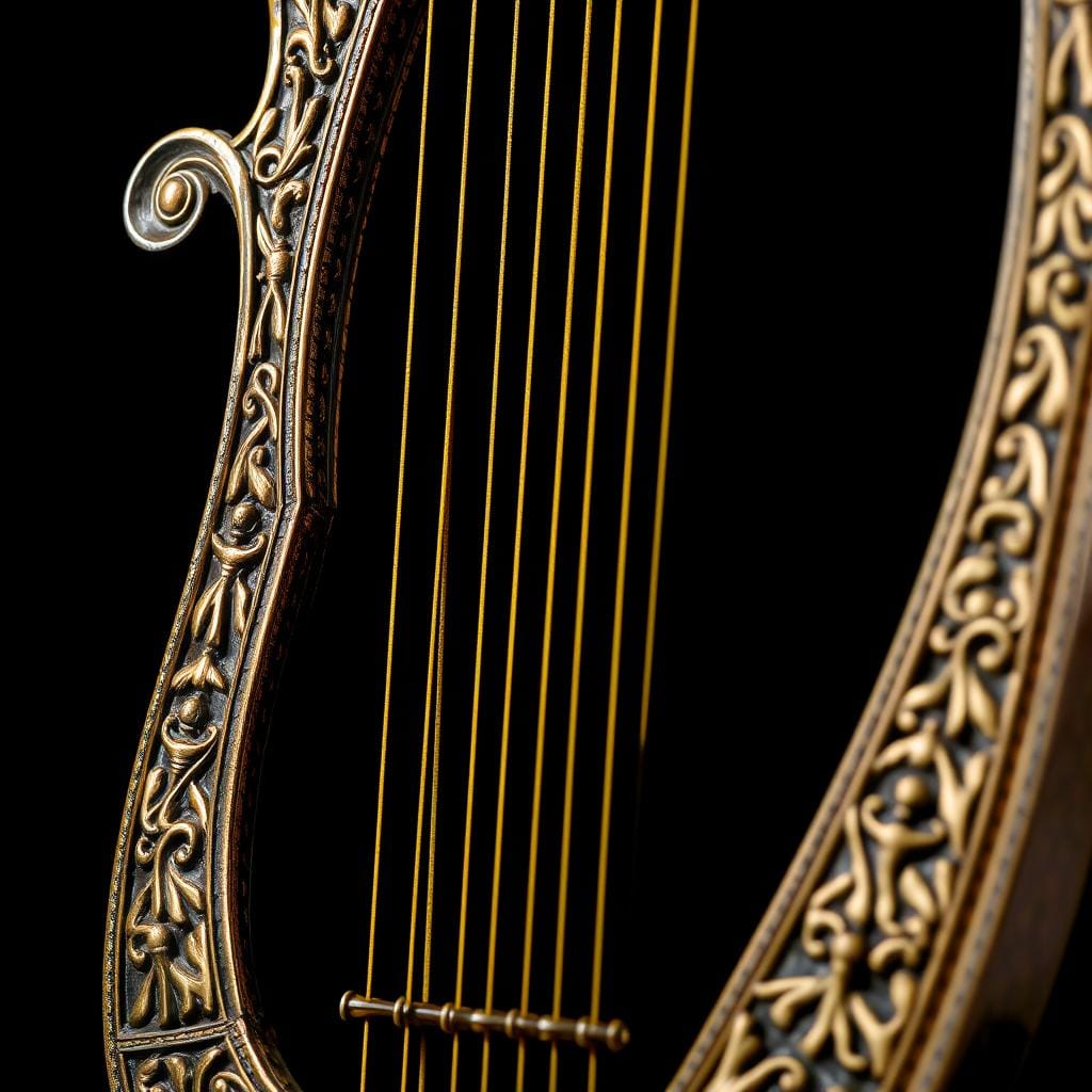 Close-up of an ornate ancient Greek lyre with golden strings