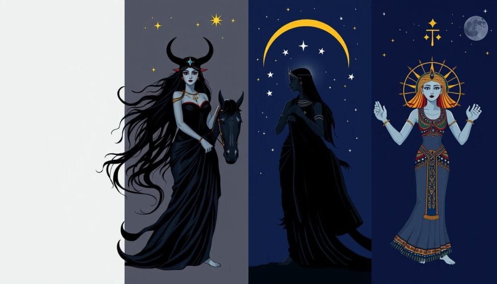 Comparative artistic representation of night deities from different mythologies including Nyx, Nótt, Nut, and Ratri