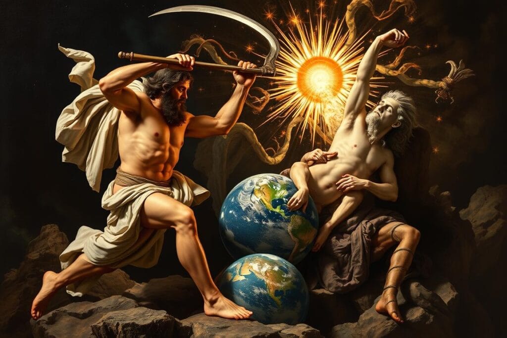 Cronus castrating Uranus with the adamantine sickle provided by Gaia