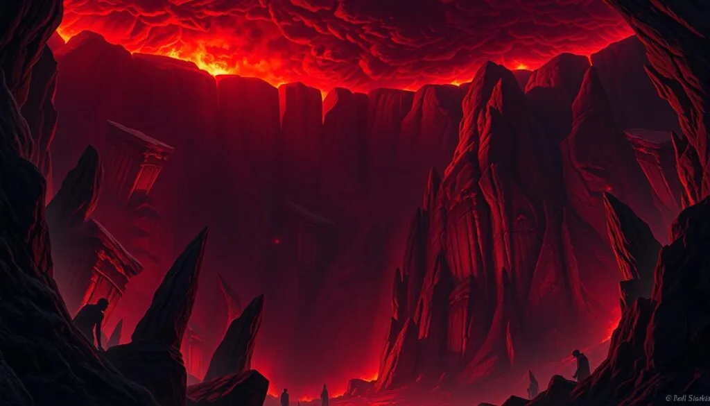Depiction of Tartarus as the abyss of punishment in Greek mythology with imprisoned Titans