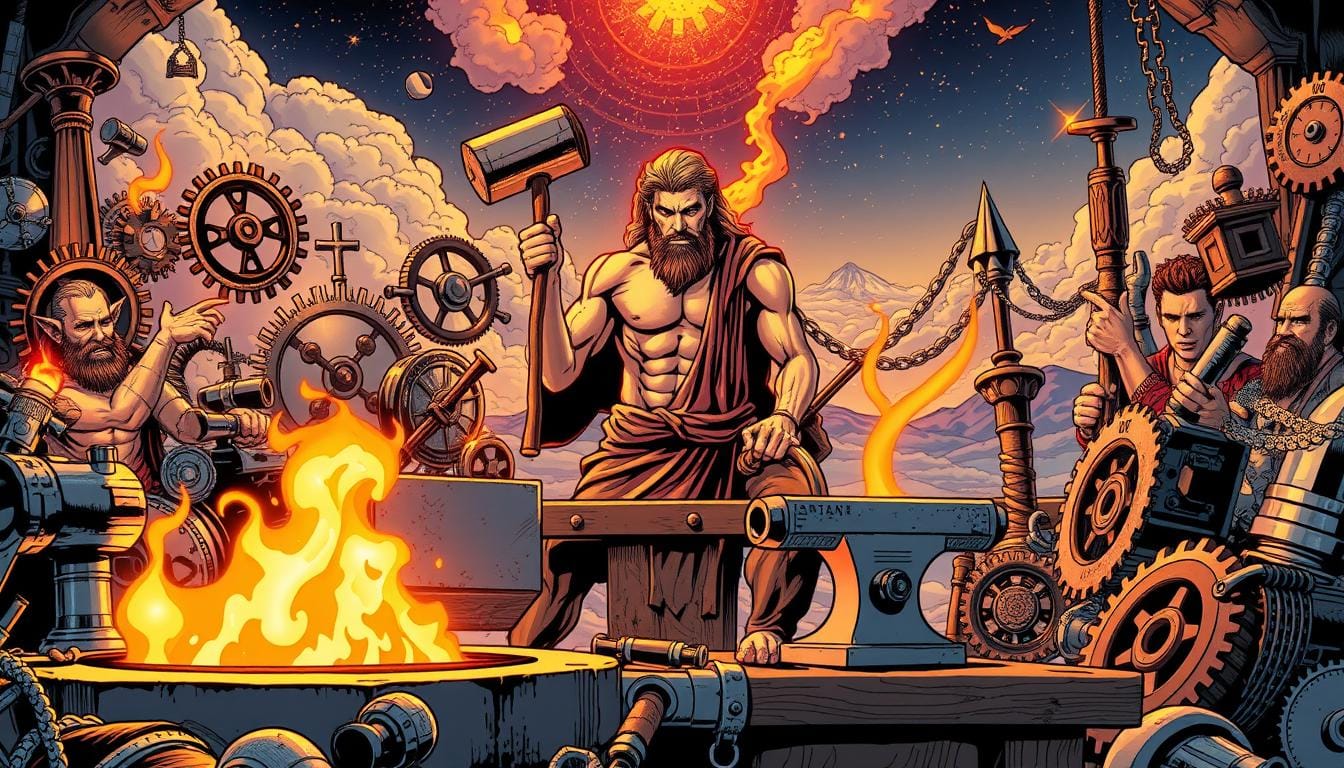 Detailed, intricate image depicting the divine attributes and symbolic elements of Hephaestus, the Greek god of fire, metalworking, and craftsmanship. In the foreground, a smithing forge with flames and metallic tools. Surrounding it, an array of Hephaestus' symbols - a smith's hammer, anvil, gears, and mechanical devices. In the middle ground, a mythological scene showcasing Hephaestus' legendary lameness, with the god depicted as a muscular, bearded figure working at his forge. In the background, a celestial landscape with clouds, stars, and hints of Mount Olympus. Dramatic lighting, with warm tones highlighting the forge and metallic elements, creating an awe-inspiring, divinely-inspired atmosphere.