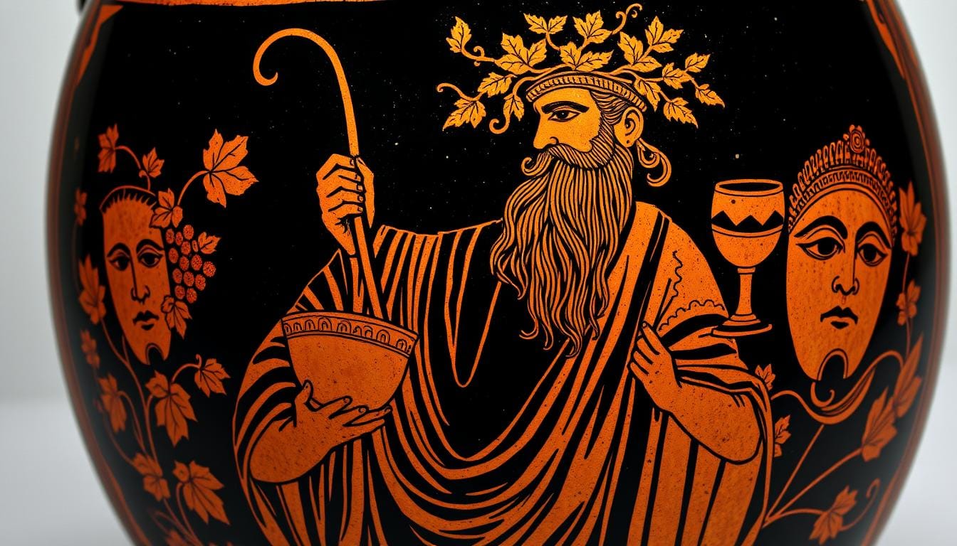 Dionysus God of Wine Ecstasy Theatre depicted in ancient Greek pottery with grapevines and theatrical masks