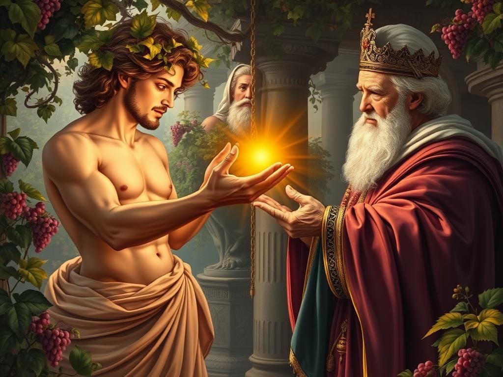 Dionysus God of Wine Ecstasy Theatre granting King Midas the golden touch, illustrating how divine gifts can become curses