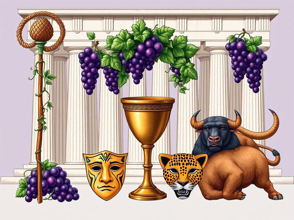 Dionysus God of Wine Ecstasy Theatre symbols including thyrsus staff, grapevine, ivy wreath, and theatrical masks