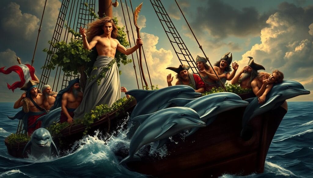 Dionysus God of Wine Ecstasy Theatre transforming pirates into dolphins, showing his divine power and vengeance