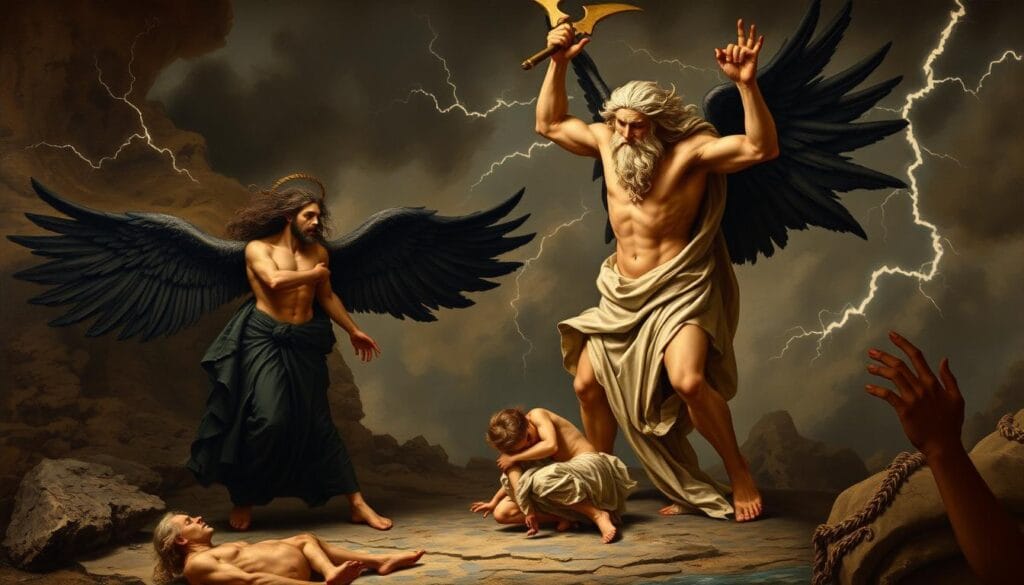 Dramatic scene depicting Hypnos seeking refuge with his mother Nyx as Zeus approaches
