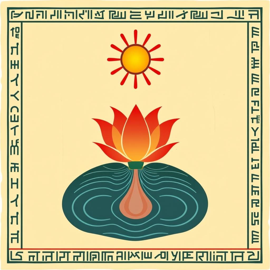 Egyptian papyrus-style art showing the primordial waters of Nun with lotus emerging