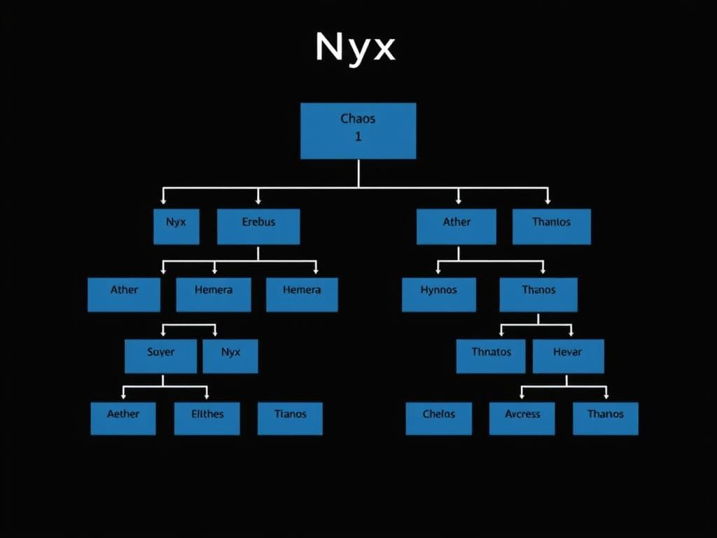Family tree diagram showing Nyx's position among primordial deities and her children