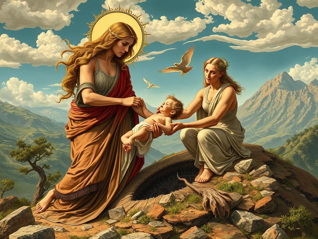 Gaia helping Rhea hide baby Zeus from Cronus