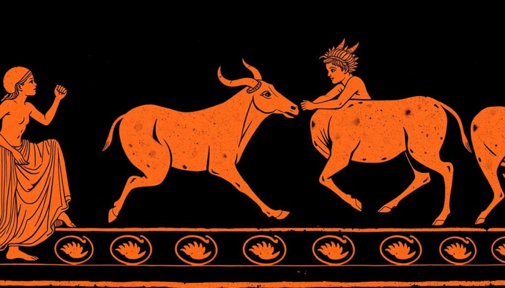 Hermes as a baby stealing Apollo's cattle while reversing their hoofprints