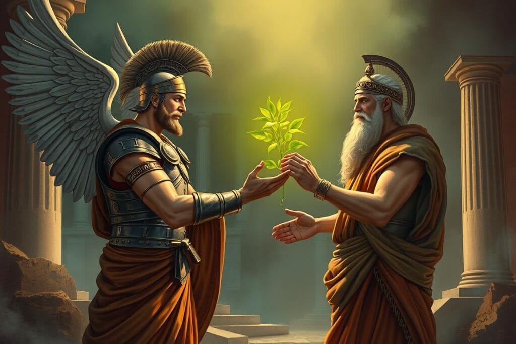Hermes giving the magical herb moly to Odysseus to protect him from Circe's magic