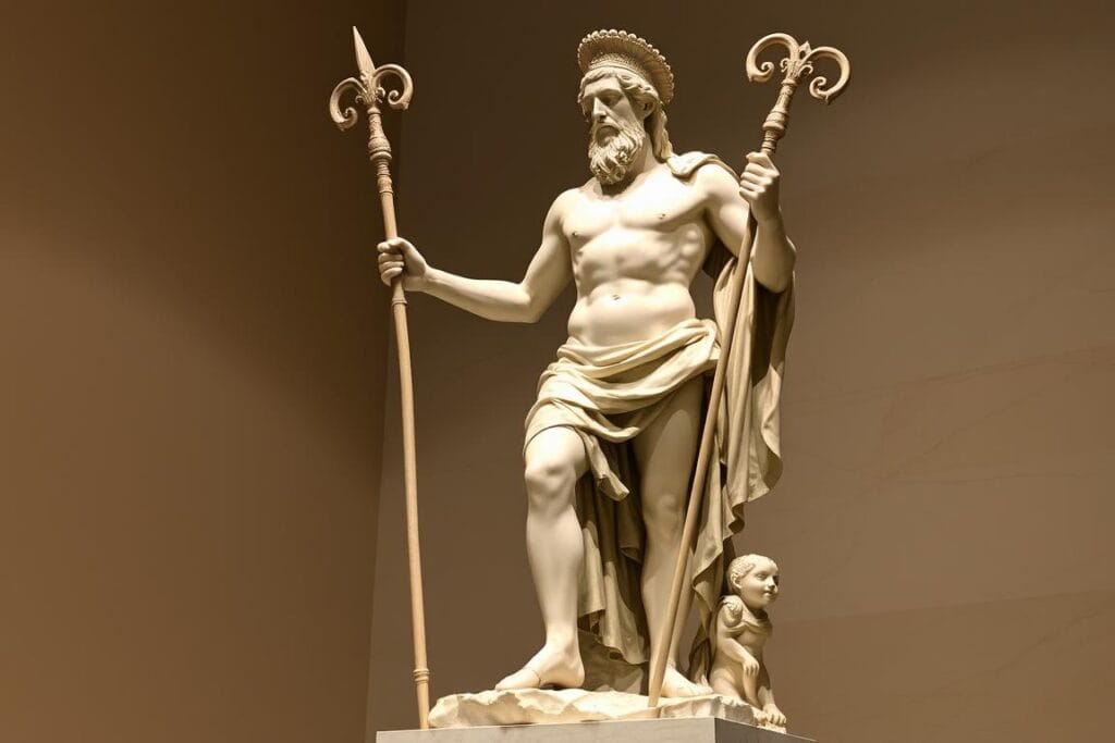 Hermes with his caduceus staff and winged sandals, depicting his role as messenger of the gods