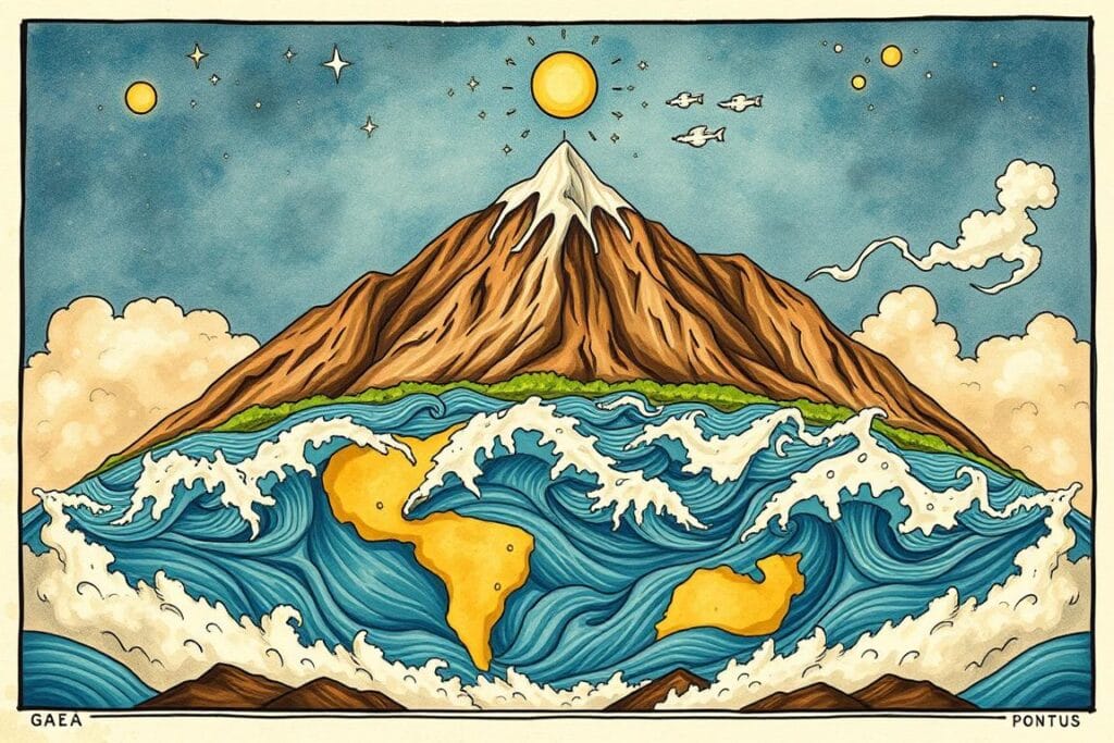 Illustration of Gaia's first creations: Uranus (Sky), Ourea (Mountains), and Pontus (Sea)