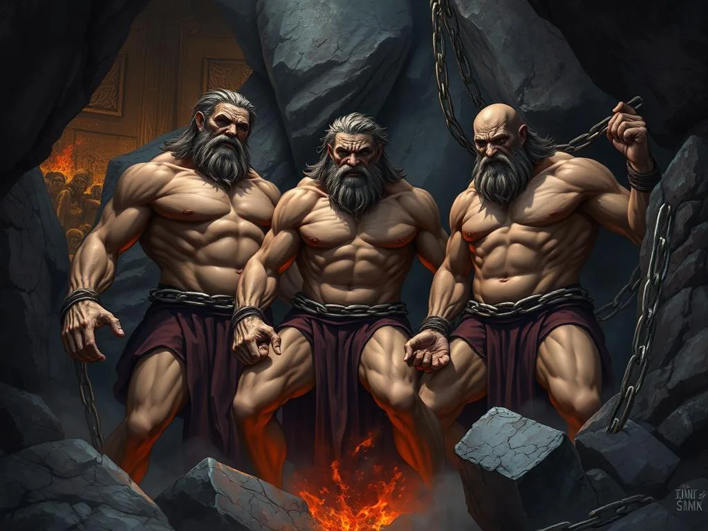Illustration of the Titans imprisoned in Tartarus after their defeat in the Titanomachy