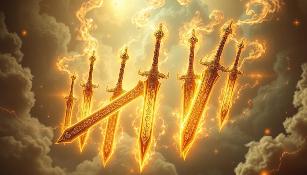 Legendary divine swords of mythology, forged in celestial furnaces, glimmering with celestial energies. A majestic collection of sacred blades levitating in an ethereal realm, bathed in radiant golden light and shrouded in swirling mists. Intricate runes and glyphs adorn the blades, pulsing with arcane power. Wispy tendrils of energy crackle around the swords, hinting at their immense might. The swords float serenely, projecting an aura of timeless mystique and divine providence. Capture the awe-inspiring essence of these legendary weapons, imbued with the blessings of the gods.