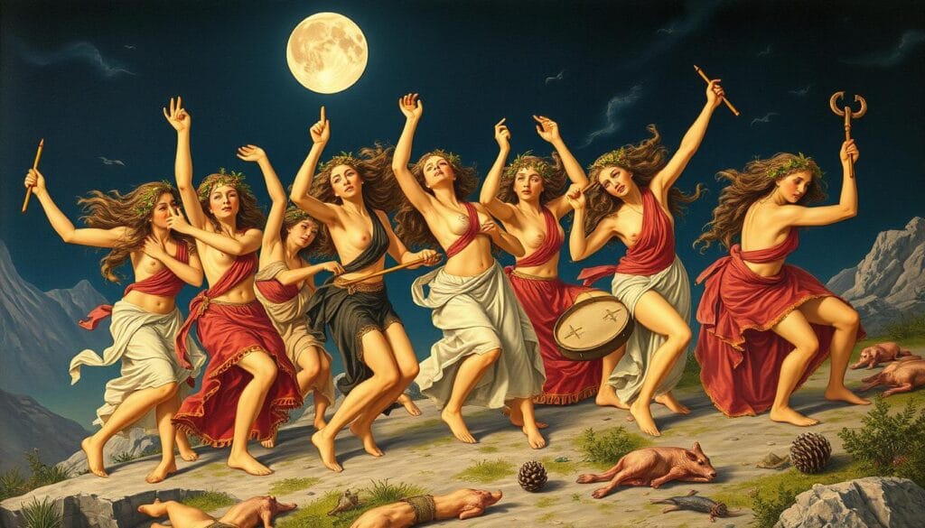 Maenads in ecstatic worship of Dionysus God of Wine Ecstasy Theatre, dancing with thyrsus staffs and ivy wreaths