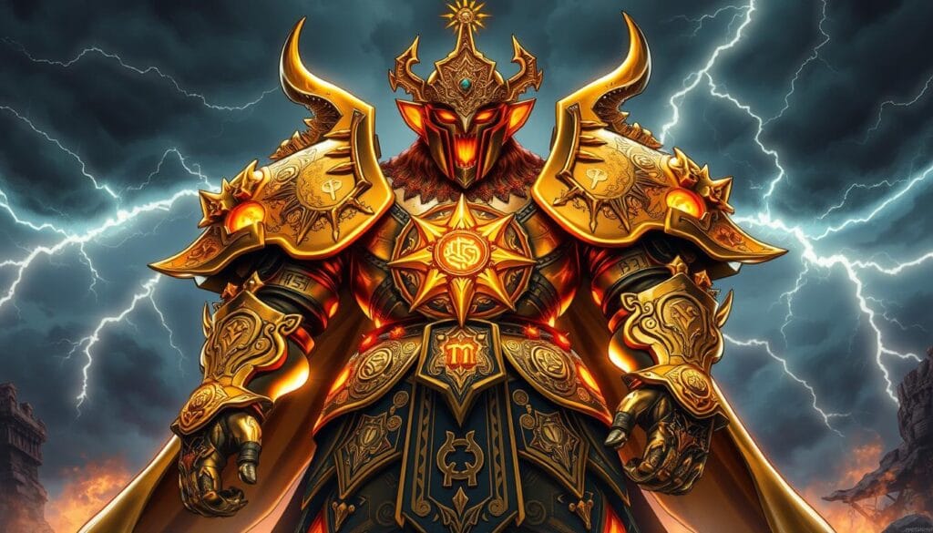 Massive celestial armour, crafted from gleaming divine metals, adorned with intricate celestial markings and glowing runes. Ornate pauldrons, bracers, greaves, and a towering helm shield the wearer, radiating an aura of mystical power. In the background, a stormy sky crackles with lightning, hinting at the armour's connection to the elemental forces of nature. The lighting is dramatic, casting deep shadows and highlighting the armour's ornate details. The composition is balanced, with the armour positioned centrally, commanding attention. An atmosphere of ancient, otherworldly grandeur pervades the scene, evoking the might and majesty of the gods.