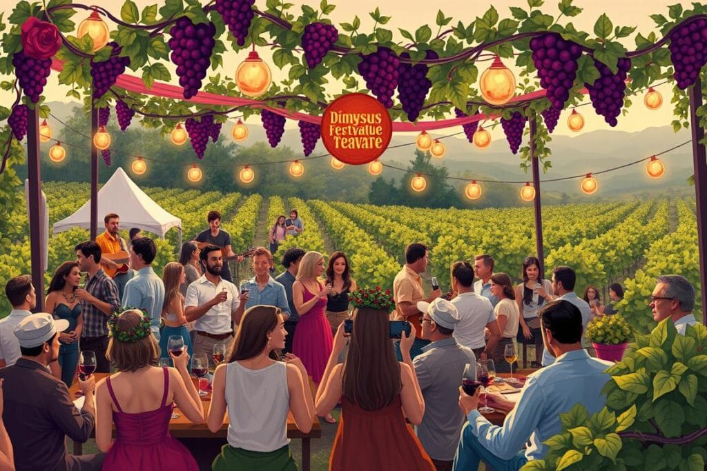 Modern wine festival celebrating the traditions associated with Dionysus God of Wine Ecstasy Theatre