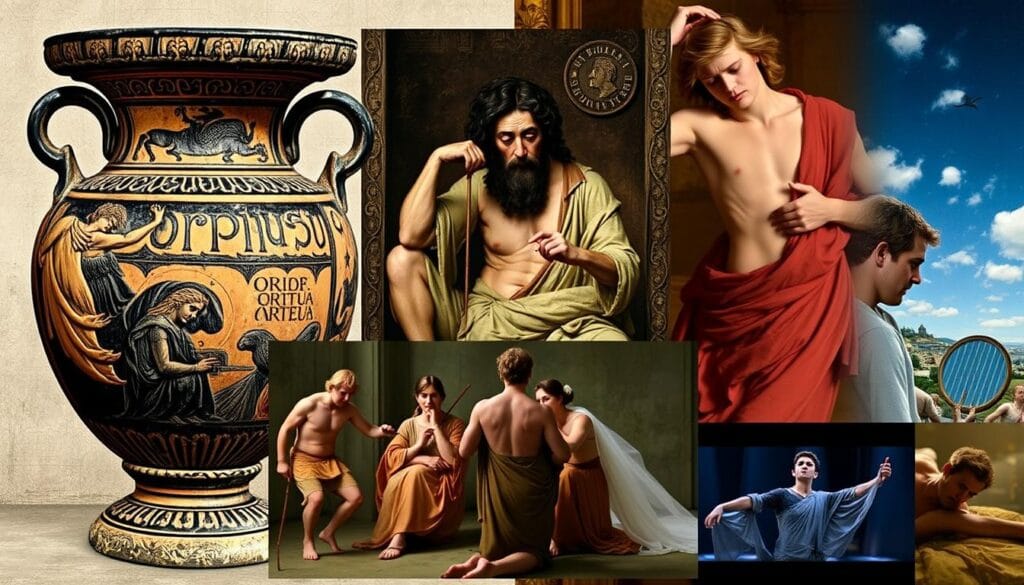 Montage of Orpheus depictions across different art forms and time periods