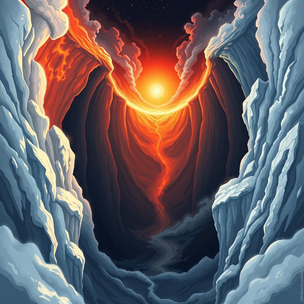Norse cosmology showing Ginnungagap between fire and ice realms