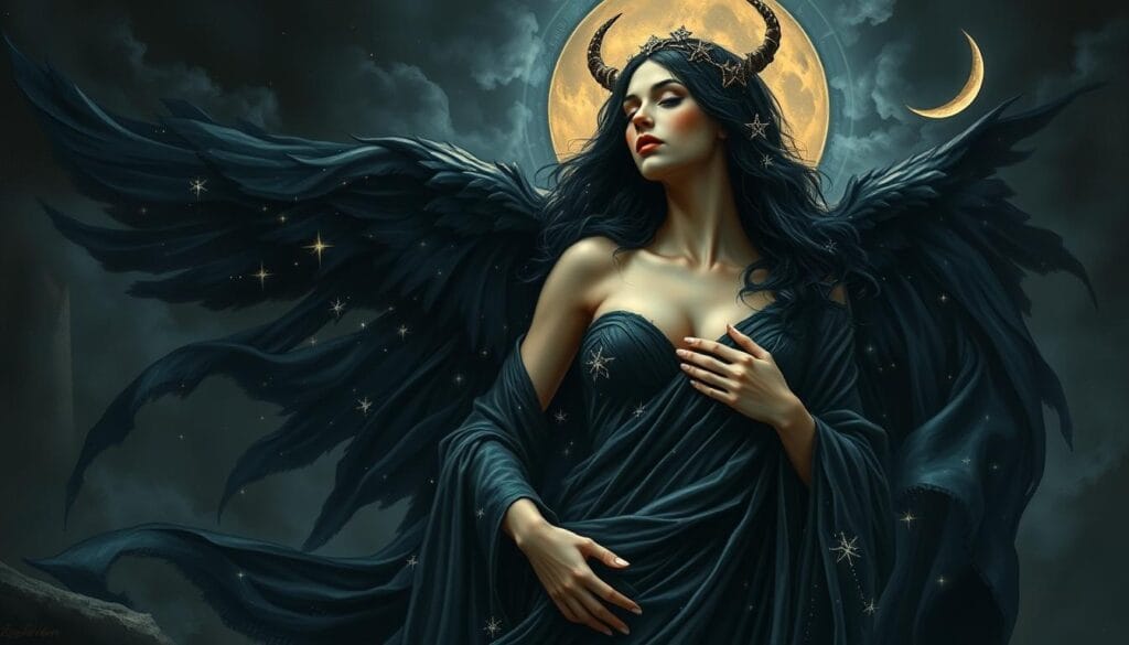 Nyx Goddess of Night and Shadows depicted as a beautiful woman with dark flowing robes and stars