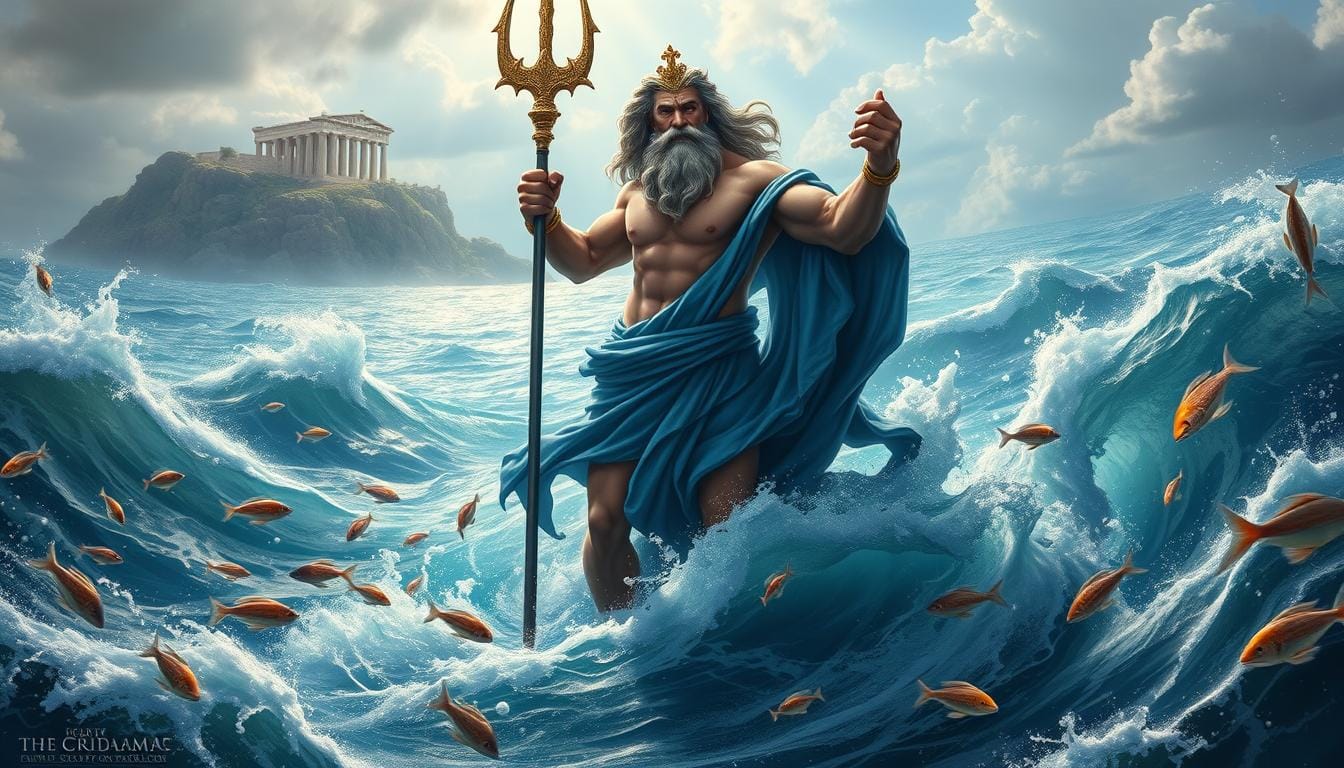Olympian deity Poseidon, mighty ruler of the sea, stands tall and commanding amidst swirling oceanic currents. His muscular form clad in billowing azure robes, a trident grasped firmly in his weathered hands. Surrounding him, schools of vibrant marine life dart through the azure depths, while sunlight filters down through the shimmering waves. In the distance, a rugged coastline dotted with ancient Greek temples and columns hints at the god's mythological origins. An aura of primordial power and grandeur emanates from this majestic scene, capturing the essence of Poseidon, the legendary sea deity.