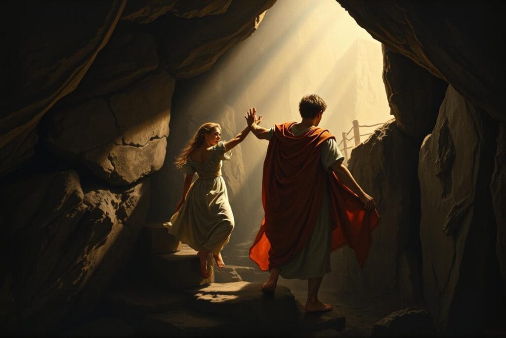 Orpheus looking back at Eurydice as she fades back to the Underworld