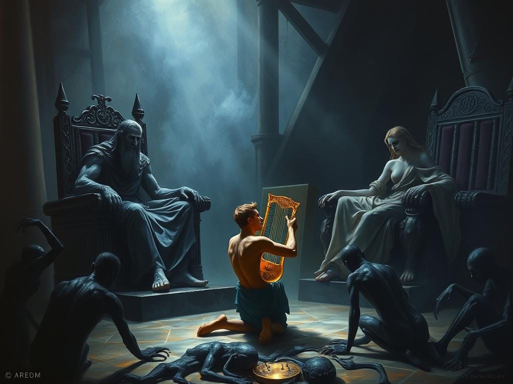 Orpheus playing his lyre before Hades and Persephone in the Underworld