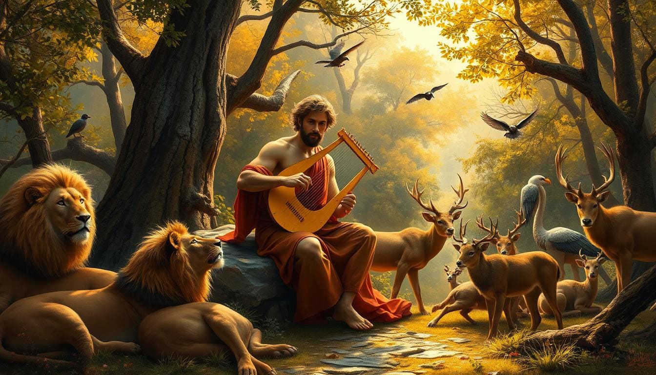 Orpheus playing his lyre surrounded by animals in a forest setting