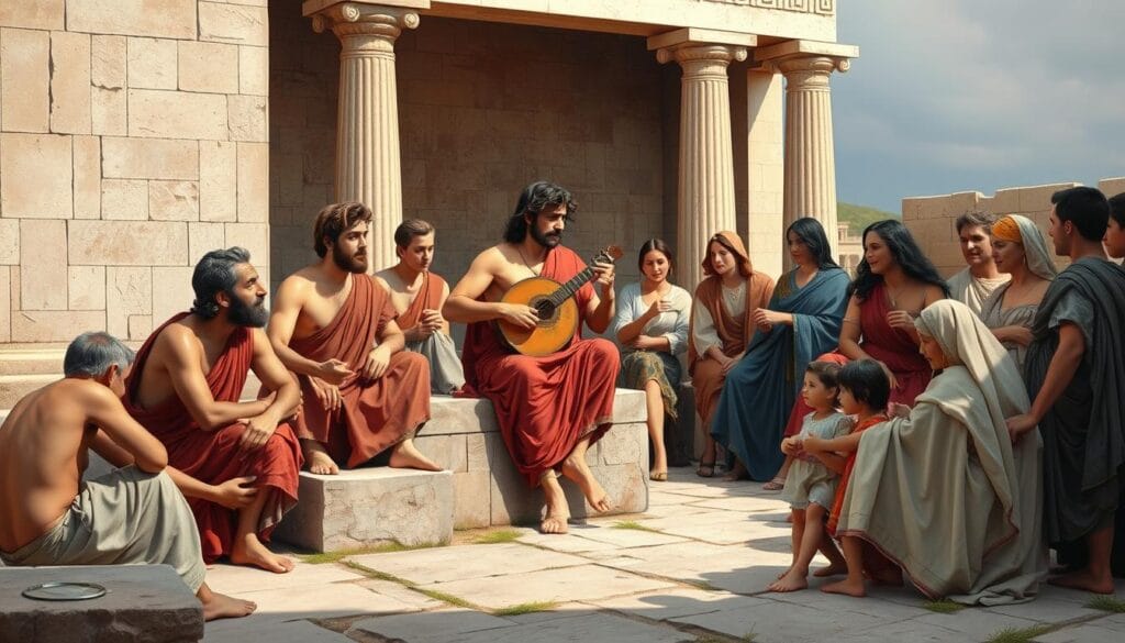 Orpheus teaching music to a group of people in an ancient Greek setting