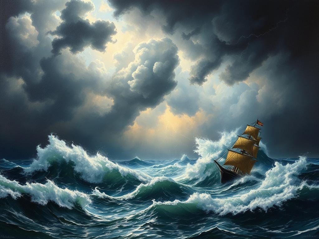 Painting depicting chaos as destructive force with stormy seas and shipwreck