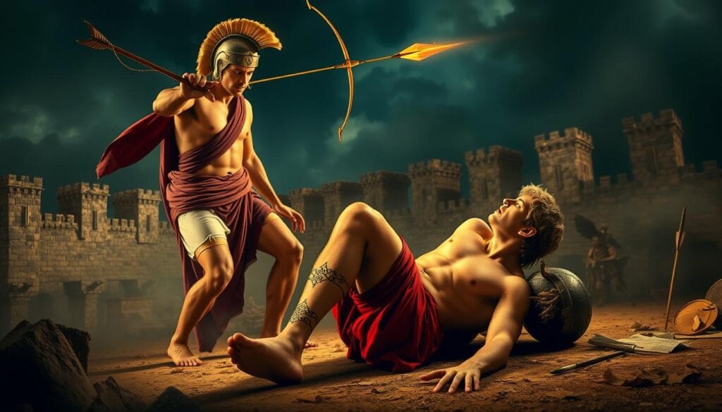Paris shooting the arrow that strikes Achilles in his vulnerable heel, fulfilling the prophecy