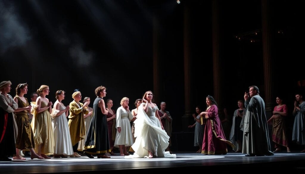 Scene from Gluck's opera 'Orfeo ed Euridice' showing performers on stage