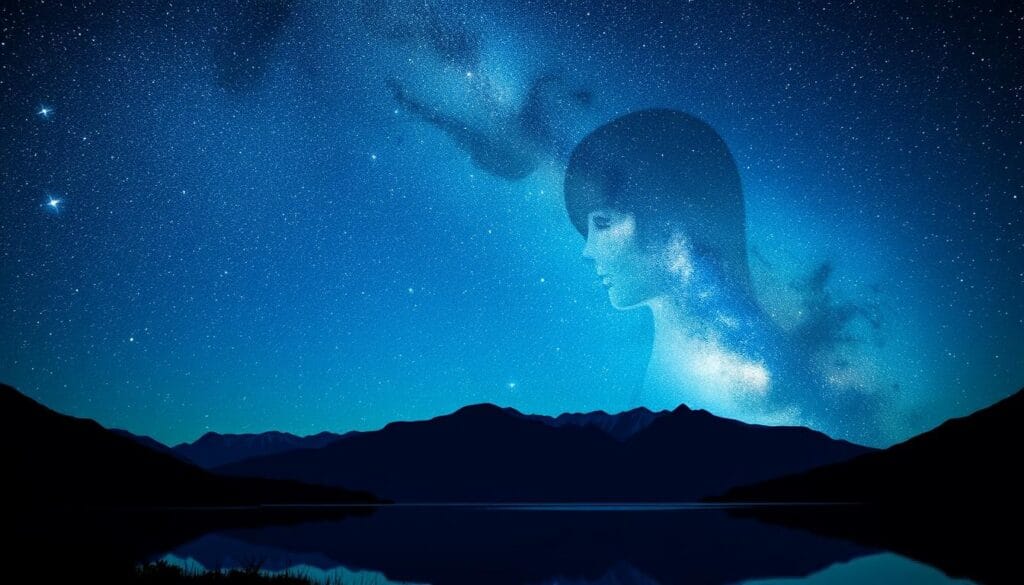 Serene nighttime landscape with stars reflecting the enduring presence of Nyx Goddess of Night and Shadows
