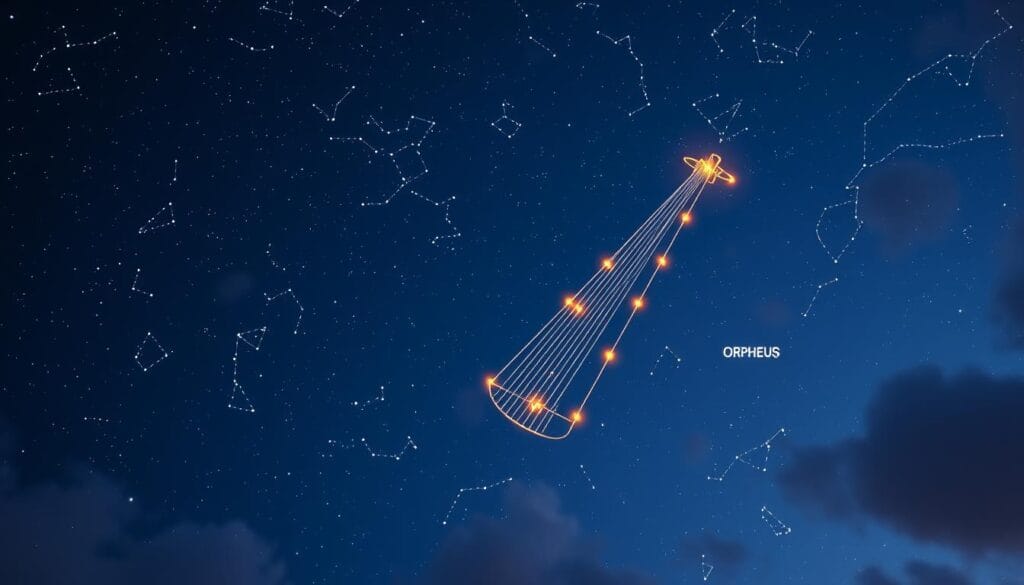 Stylized image of Orpheus's lyre among stars in the night sky