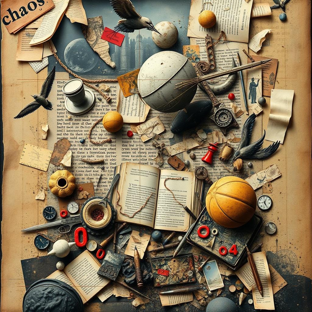 Surrealist book cover design with chaotic elements and text fragments