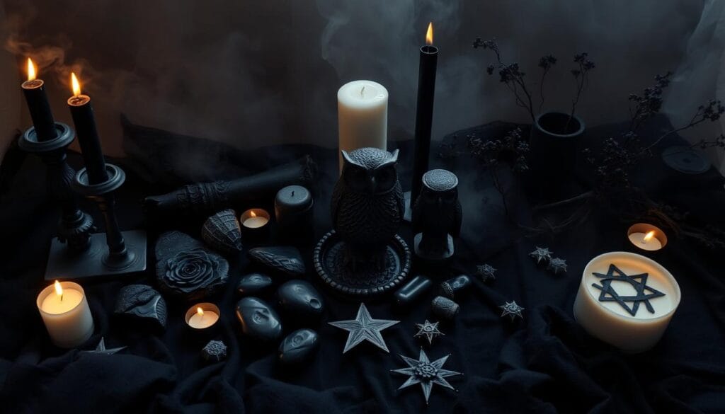 Symbolic collection of items associated with Nyx worship including black candles, obsidian stones, and owl figurines Symbolic collection of items associated with Nyx worship including black candles, obsidian stones, and owl figurines